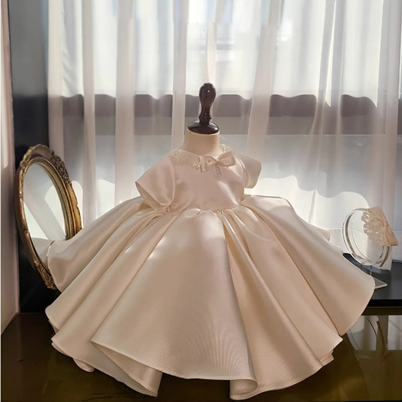 Elegant Baby White Bow Christening Dresses Toddler Baptism Puffy Dresses