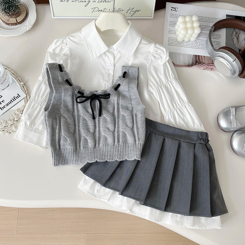 Girls' New Wool Vest Shirt and Skirt Three-piece Suit