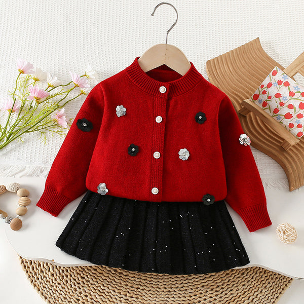 Girls' 3D Beaded Knitted Cardigan Skirt Two-Piece Set