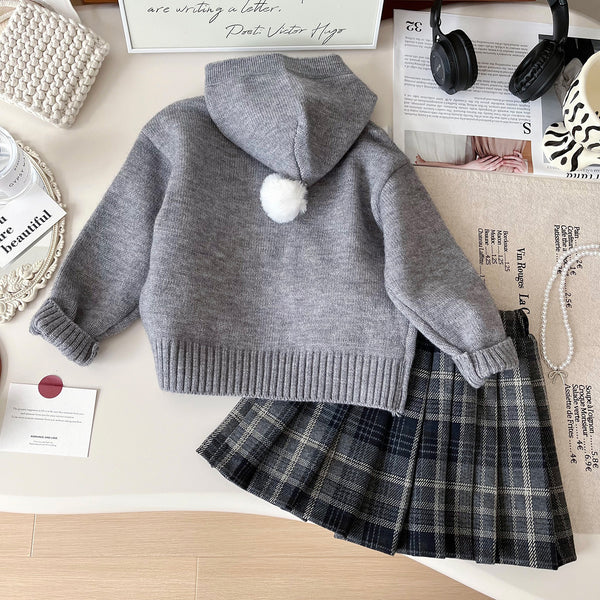 Girls' Hooded Sweater and Plaid Skirt Two-piece Set