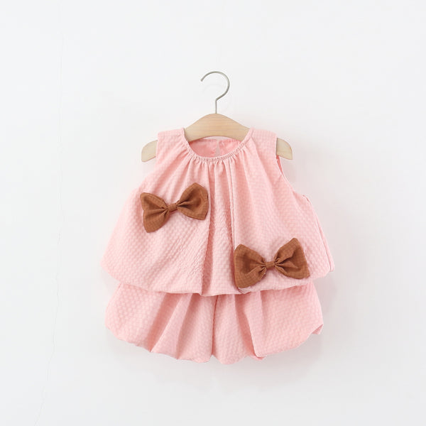 Summer Girls Bowknot Sleeveless Top Bloomer Shorts Two-piece Set