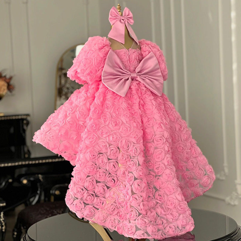 Pink Girls Birthday Dress Girls Rose Flower Princess Dress