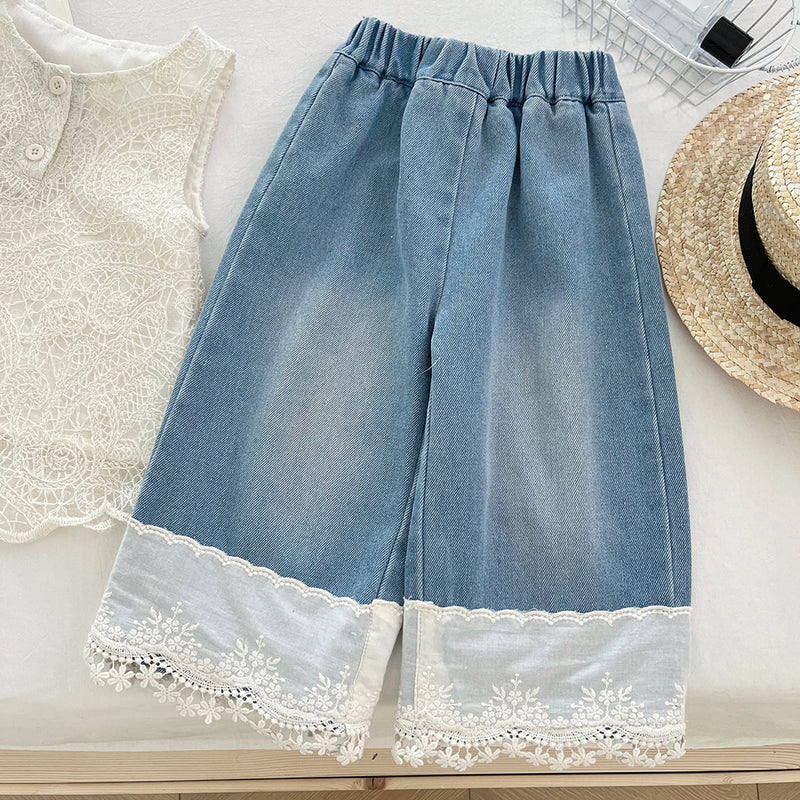 Girls' Summer New Lace Vest Denim Wide-Leg Pants Two-Piece Set