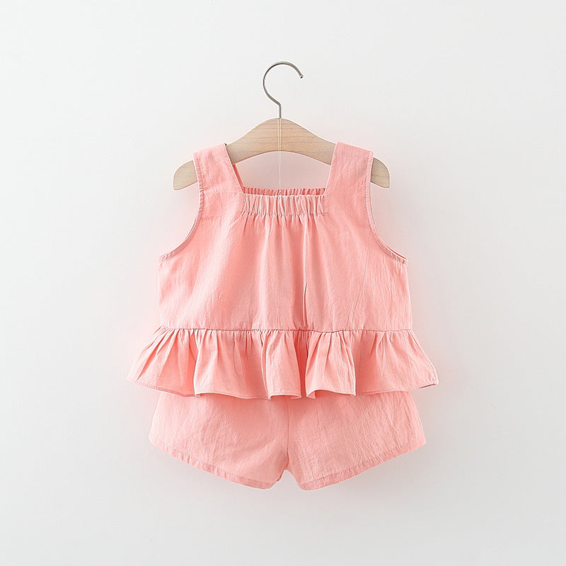 Summer Girls Solid Color Suspender Shorts Two Piece Set