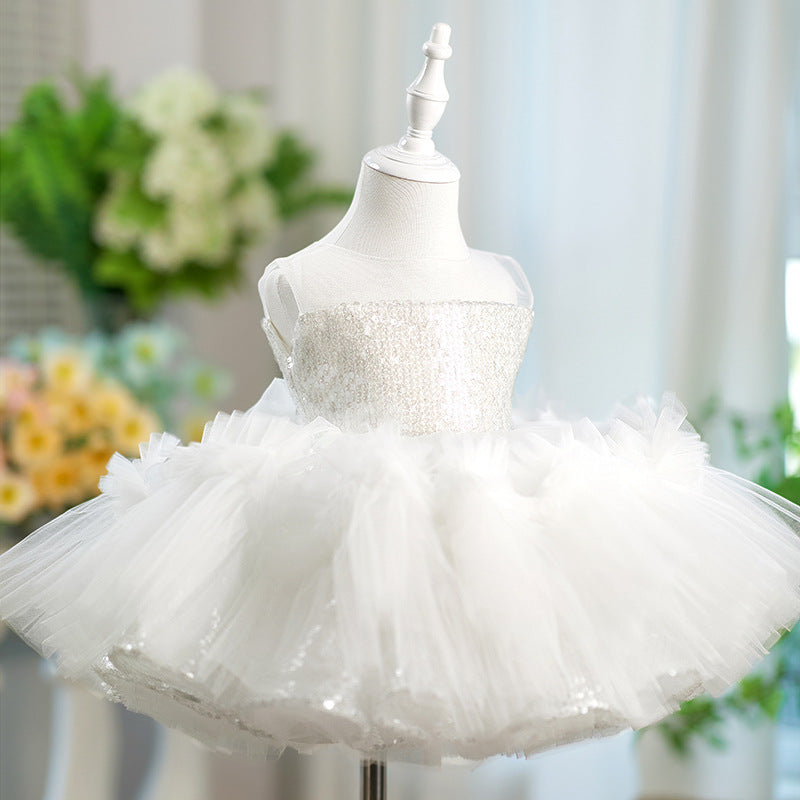 Girls White Birthday Princess Dress Flower Girl Wedding Sequin Dress