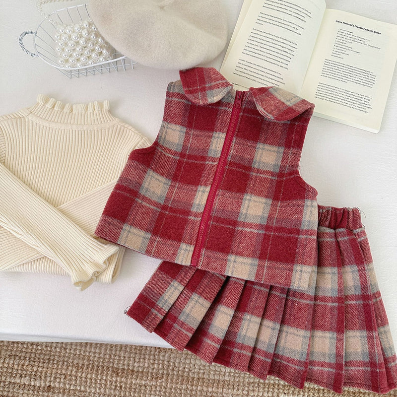 Girls' Winter Fleece-Lined Plaid Vest and Skirt Two-Piece Set