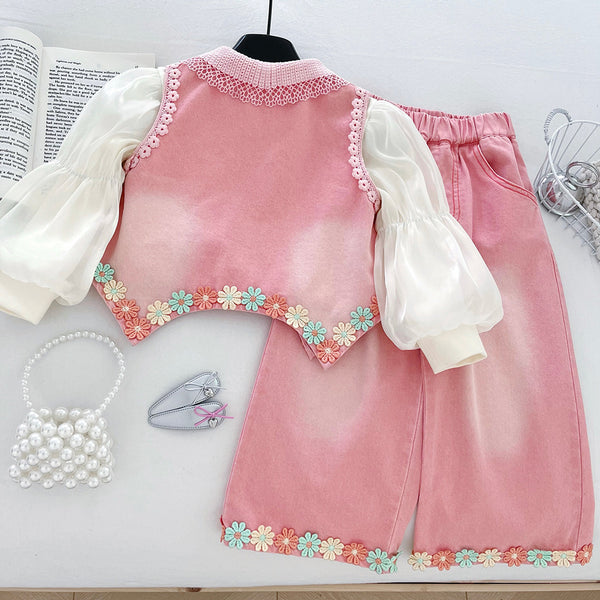 New Autumn Girls' Denim Vest Bottoming Shirt and Trousers Three-piece Set