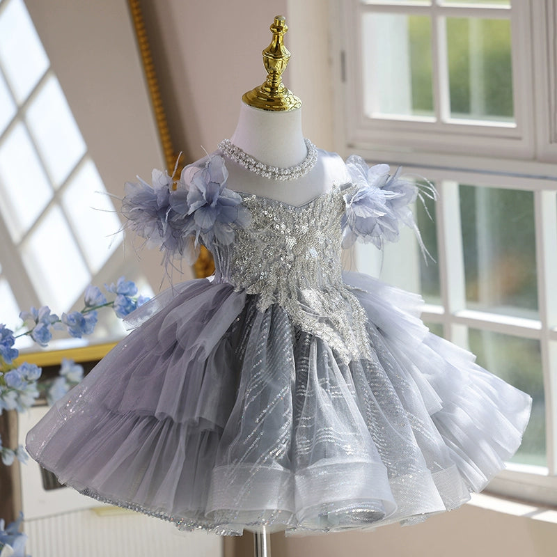 Girls Elegant Prom Princess Dress Girl Birthday Gray Dress