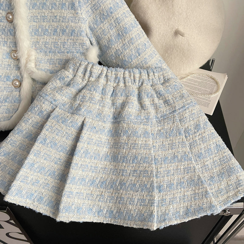 Cute Warm New Year Baby Girls Blue Two-piece Coat Short Dress Suit