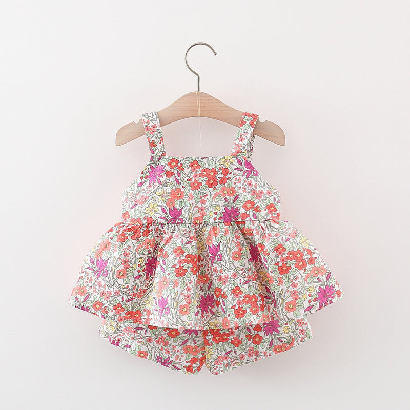Girls Summer Suit Children's Suspender Shorts Floral Two-piece Suit