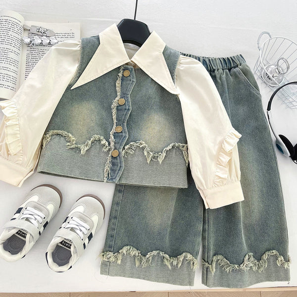 Girls' Denim Vest Shirt and Wide-leg Jeans Three-piece Set
