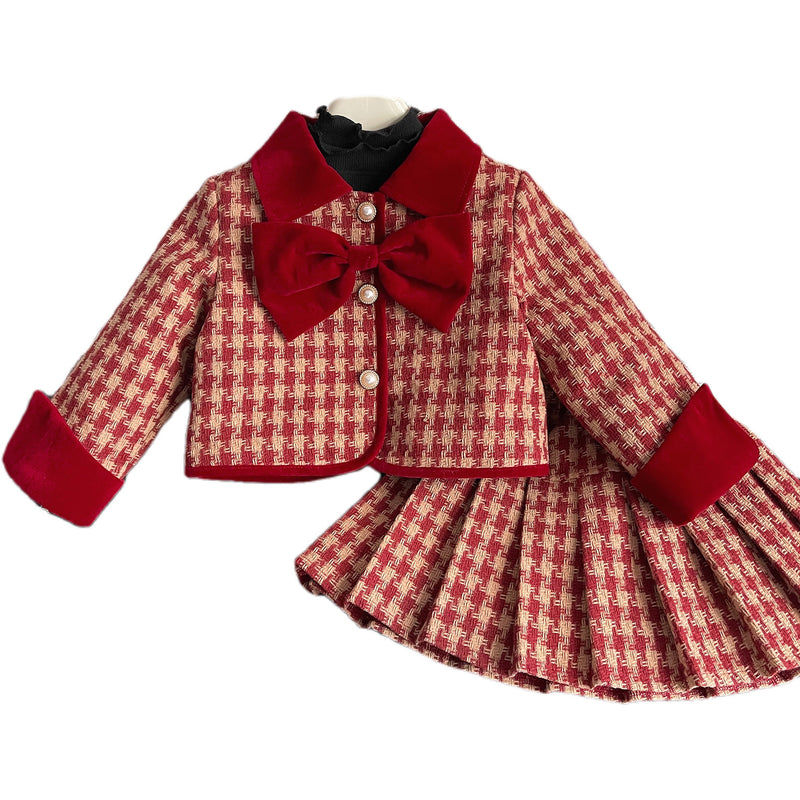 Winter Girls Red Plaid Bow Suit Toddler Two-piece Set