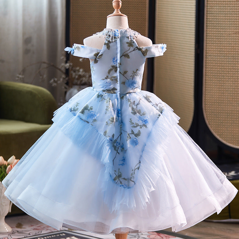 Blue Princess Dress with Flower Embroidery Birthday Dress Blue Princess Dress with Flower Embroidery Birthday Dress