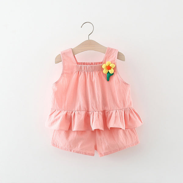 Summer Girls Solid Color Suspender Shorts Two Piece Set