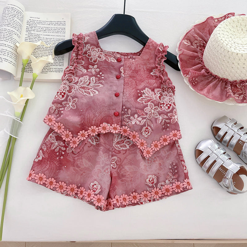 Girls Summer Hollow Bow Top Flower Shorts Two-Piece Set