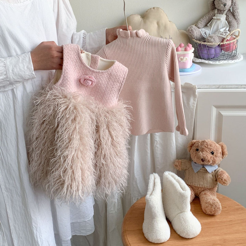 Girls Wool Bottoming Shirt Baby Girl Winter Vest Dress Two-piece Set