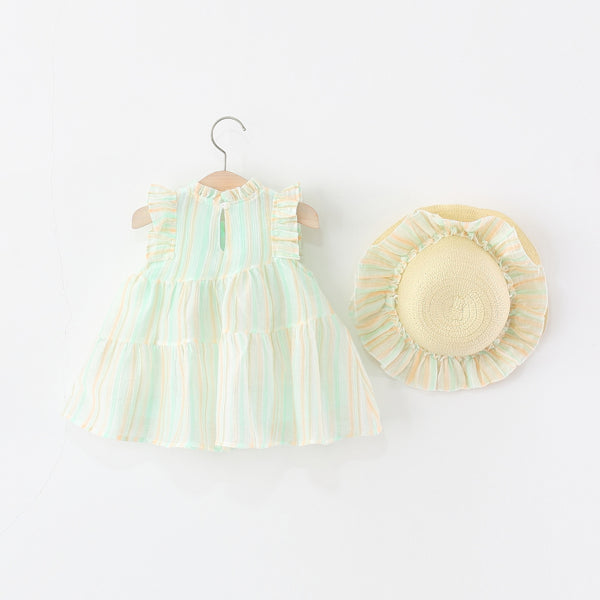 Girls Vertical Striped Tulip Fly Sleeve Dress