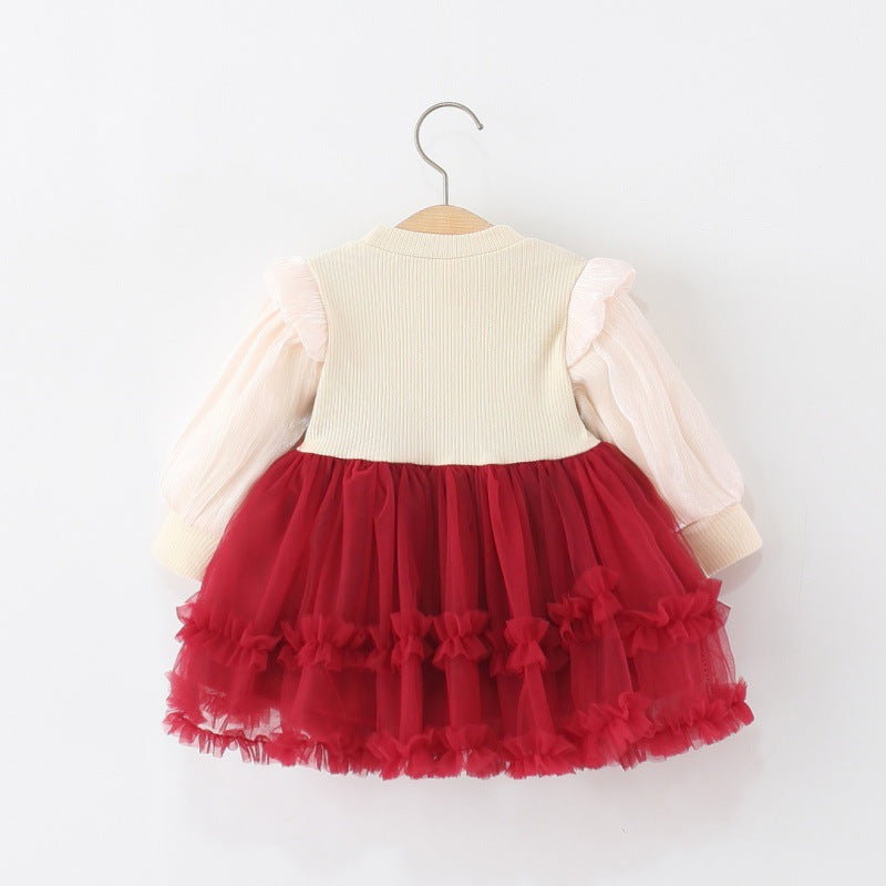 Girls Autumn PU Leather Fake Two-Piece Puffy Princess Dress