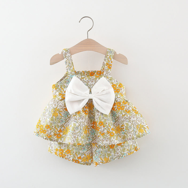 Summer New Girls Floral Suspender Shorts Two-piece Suit