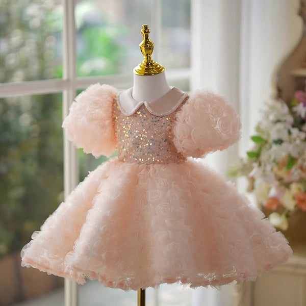 Cute Girls Dress Pink Doll Collar Mesh Puff Dress Toddler Flower Girl Dress