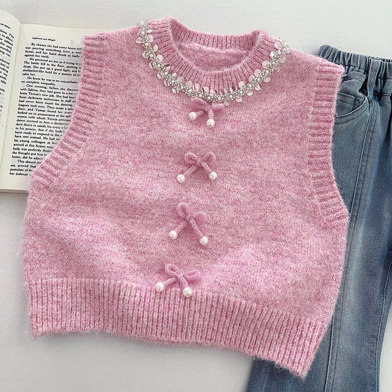 Girls' Sweater Vest Shirt Flared Jeans Three-piece Suit