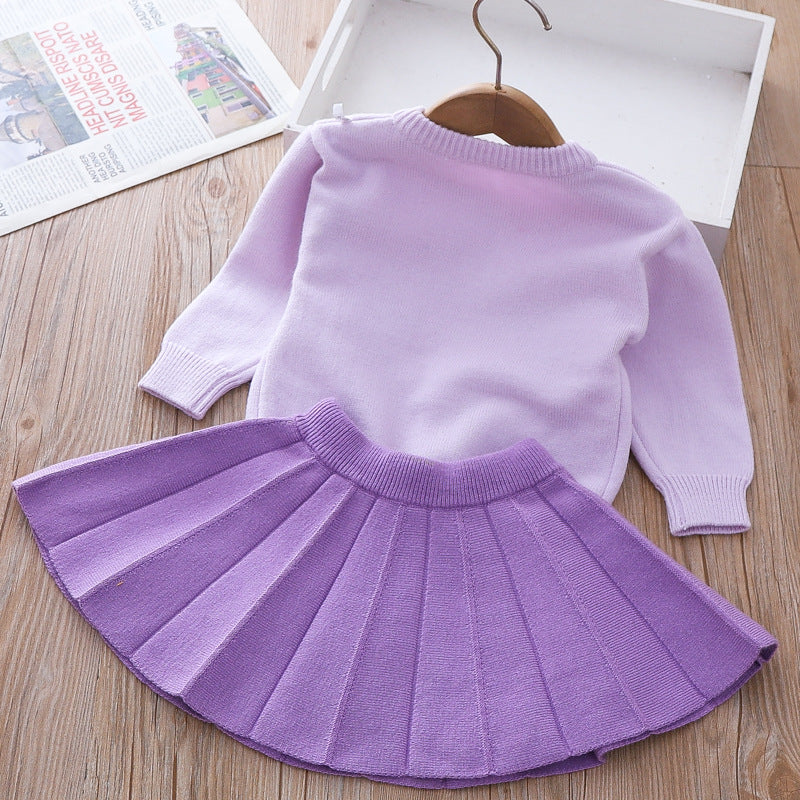 Lovely Girls Winter Sweater Flower Dress Children's Two-piece Dress