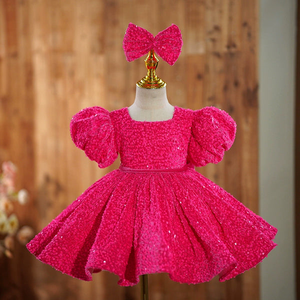 Elegant Baby Girls Rose Red Square Neck Sequined Puff Dress Toddler Flower Girl Princess Dress