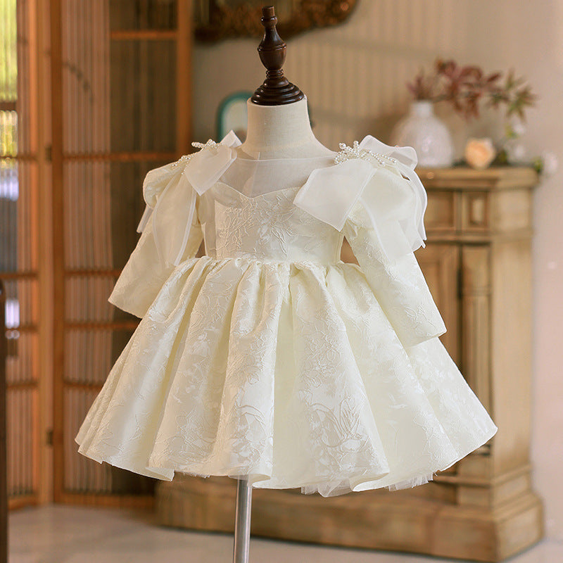 Elegant Baby Girl White Long Sleeve Bow Embroidered Princess Dresses For Girls Toddler Pageant Dresses