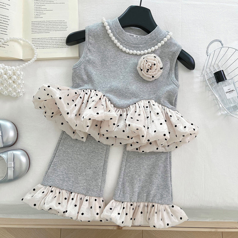 Girls Colorblock Polka Dot Vest Flared Pants Two-Piece Set
