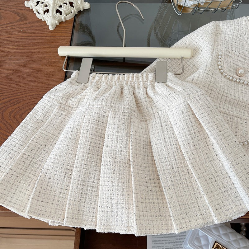 Girls' New Apricot Jacket and Pleated Skirt Two-piece Set