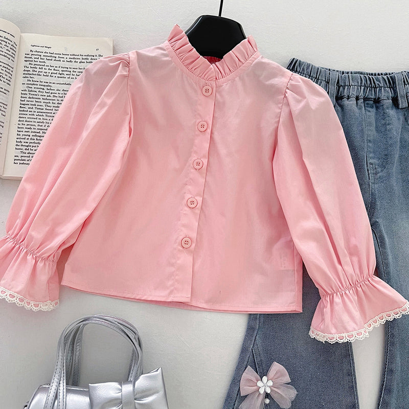 Girls' Autumn Floral Vest Shirt and Flared Jeans Three-Piece Set