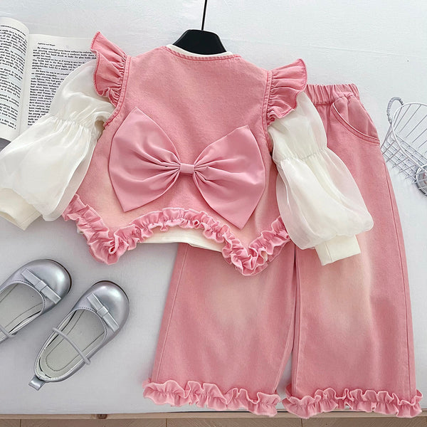 Girls' Flying Sleeve Top Bottoming Shirt and Wide-leg Jeans Three-piece Set