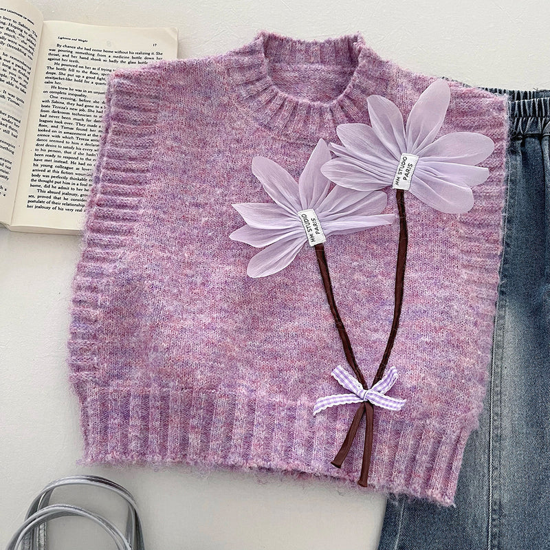 Girls' Floral Knitted Vest Shirt and Flared Jeans Three-Piece Set