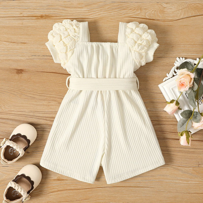 Baby Summer Square Neck Puff Sleeve Belt Jumpsuit Shorts