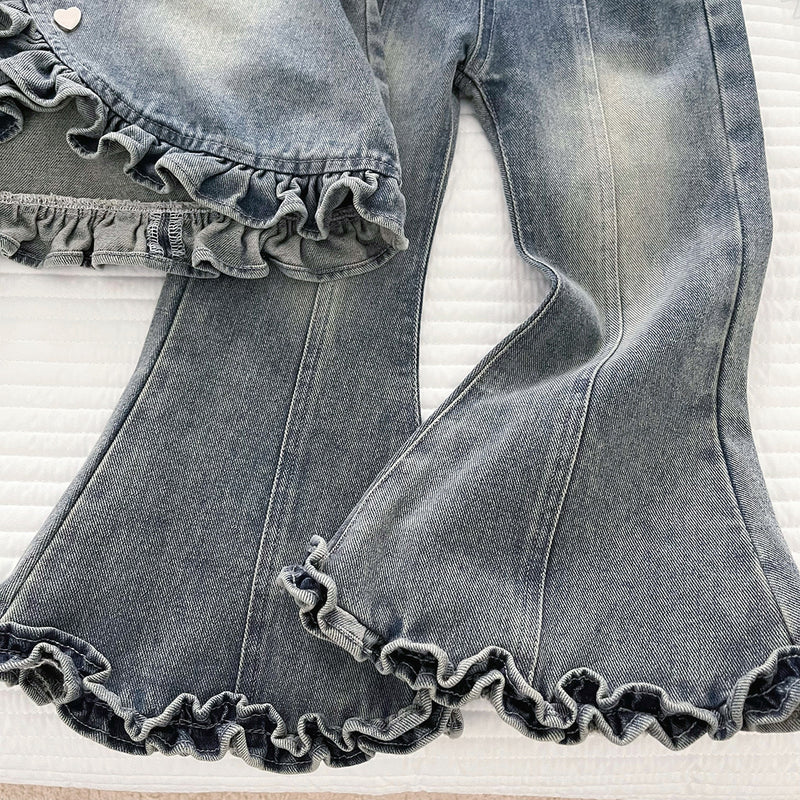 Girls' Autumn Base Layer Denim Vest Flared Pants Three-Piece Set