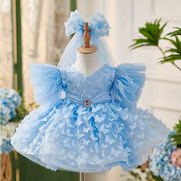 Cute Blue Butterfly  Pageant Dress Toddler First Birthday Party Princess Dress