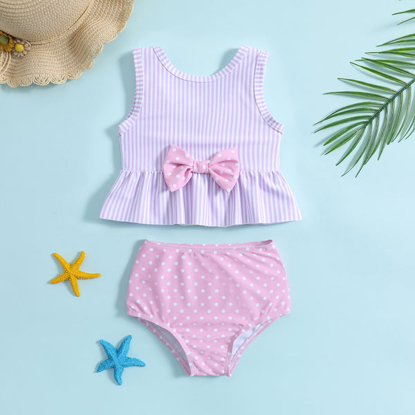 Cute Girls Striped Polka Dot Print Swimsuit Two-Piece Set