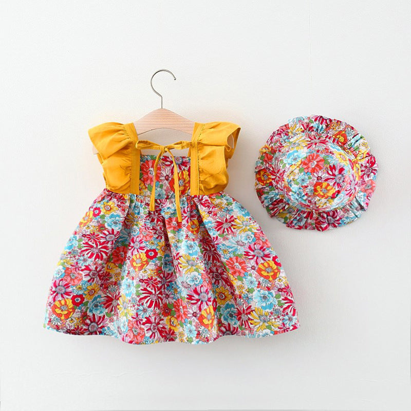 Girl Floral Back Tie Cute Dress with Hat Set