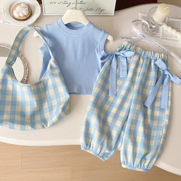 Girls Summer New Thin Top Plaid Pants Two-piece Suit