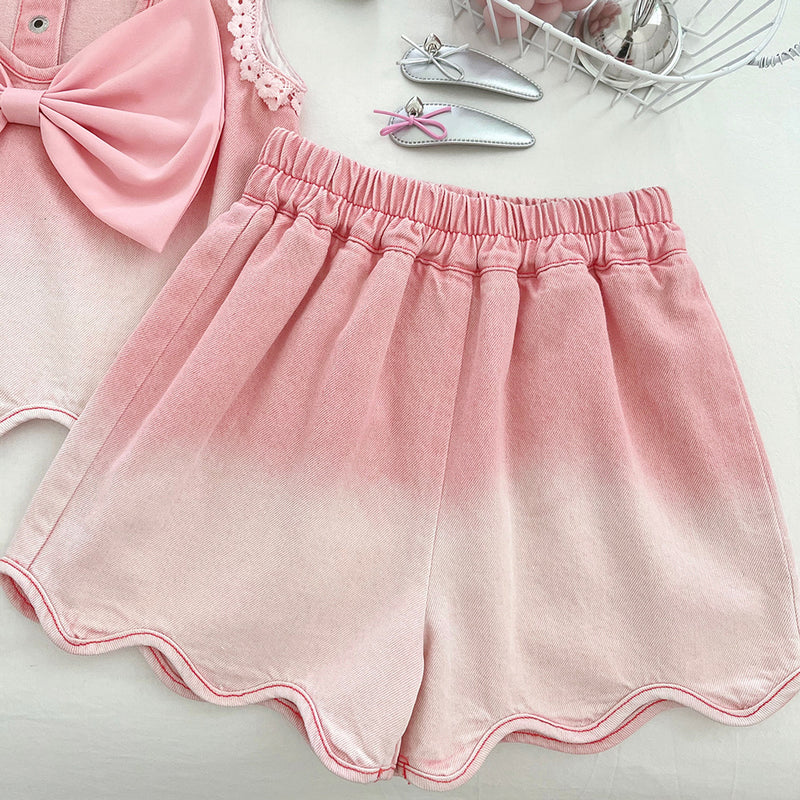 Girls' New Summer Lace Sleeveless Denim Top and Shorts Two-piece Set
