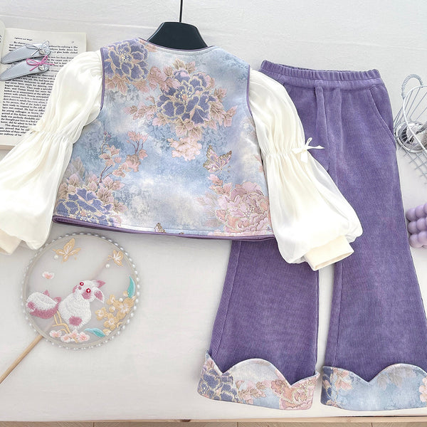 Girls' Autumn Vest Bottoming Shirt and Flared Pants Three-piece Set