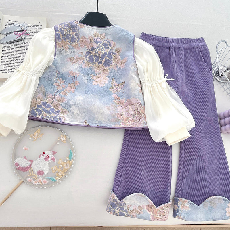 Girls' Autumn Vest Bottoming Shirt and Flared Pants Three-piece Set