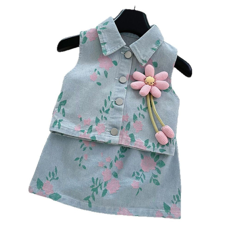 Girls Summer Printed Denim Top and Short Skirt Two-piece Set
