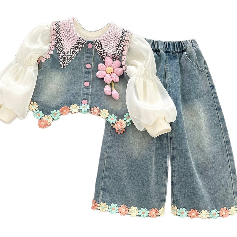 Girls' Soft Denim Vest Bottoming Shirt and Jeans Three-piece Set