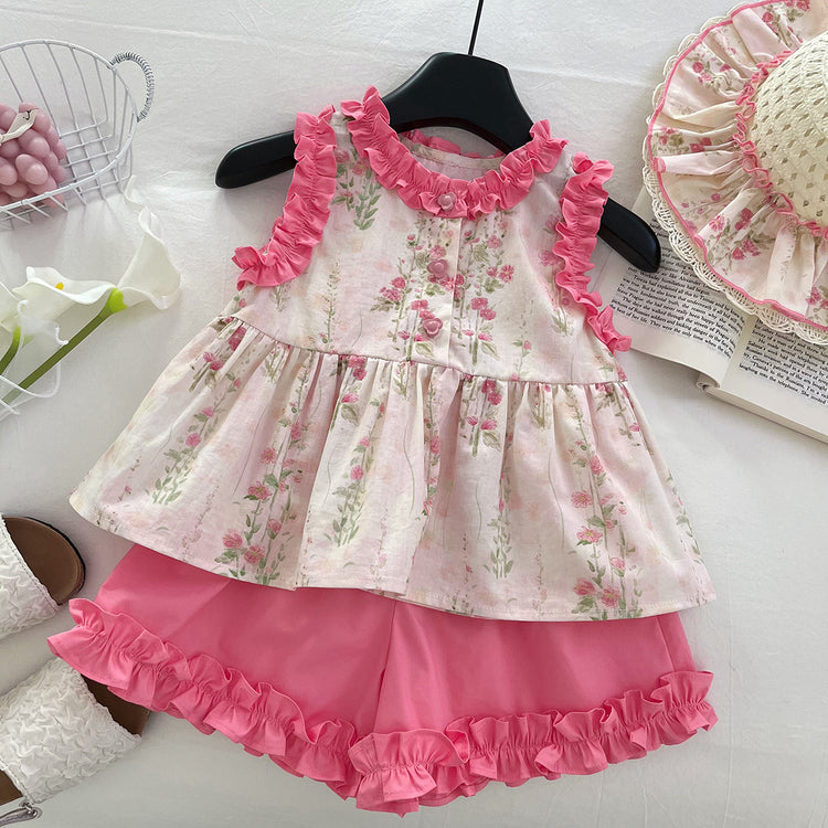 Girls Sleeveless Baby Shirt Set Summer Thin Children Girls Lace Floral Shorts Two-piece Set