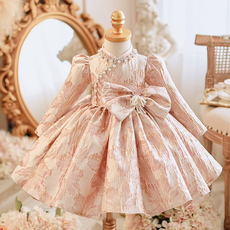 Elegant Baby Pearl Plate Button Bow Pattern Princess Dress Toddler Ball Gowns Pageant Dresses