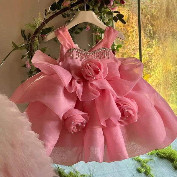 Children's Pink Rose Birthday Princess Dress Flower Girl Fluffy Dress
