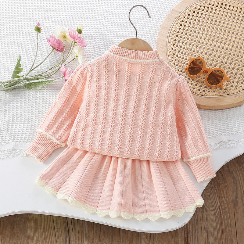 Girls' New 3D Flower Pullover Knitted Skirt Two-piece Suit