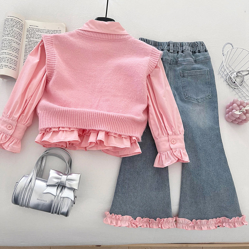 Girls' 3D Bow Knitted Vest Shirt and Jeans Three-Piece Set