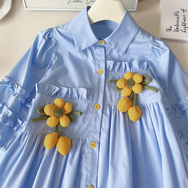 Girls' Sunflower Irregular Long-sleeved Shirt Dress